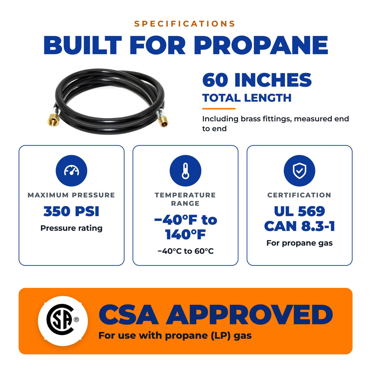 Flame King 60" RV Propane Hose, 1/2" Female Flare x 3/8" MNPT CSA Approved