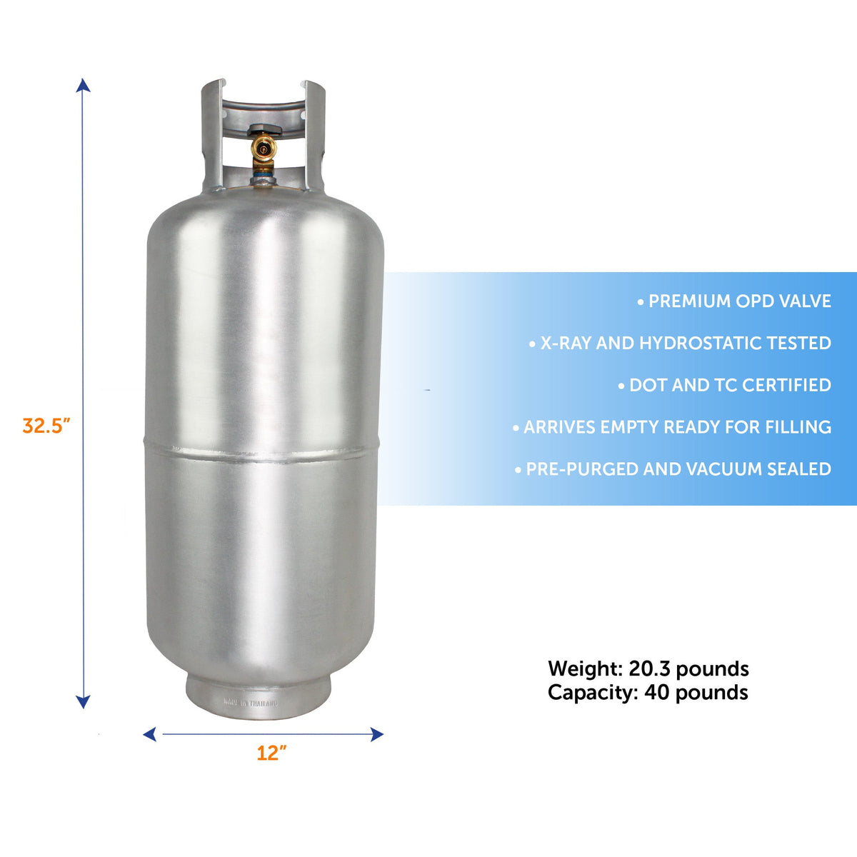 Flame King Lightweight Aluminum 40lb Propane Tank Cylinder Premium OPD Valve