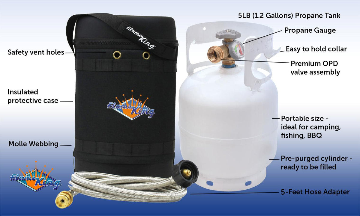 Flame King Propane Gas Hauler Kit 5lb Gauge Propane Tank, Adapter Hose and Insulated Protective Carry Case