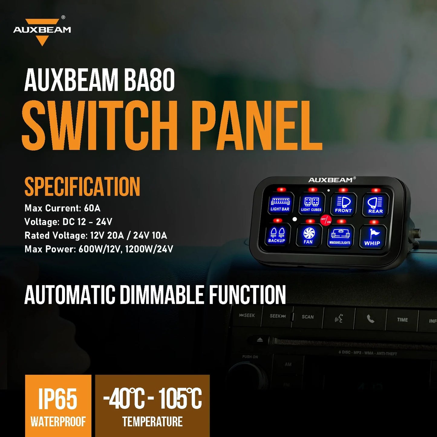 Auxbeam 8 Switch Controller with Blue Backlight & Fuse Box (BA80)