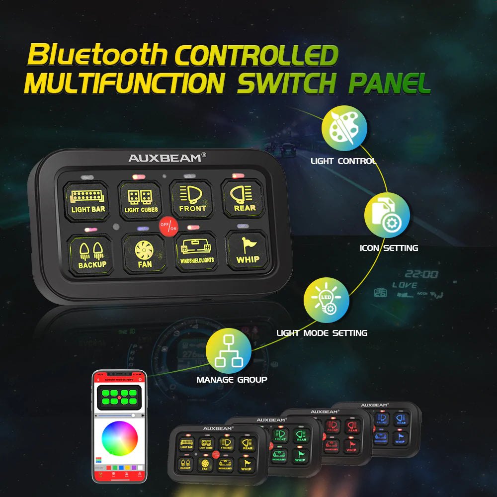 Auxbeam 8 Switch Controller with RGB Backlight, Fuse Box, and Bluetooth App (AR-800)