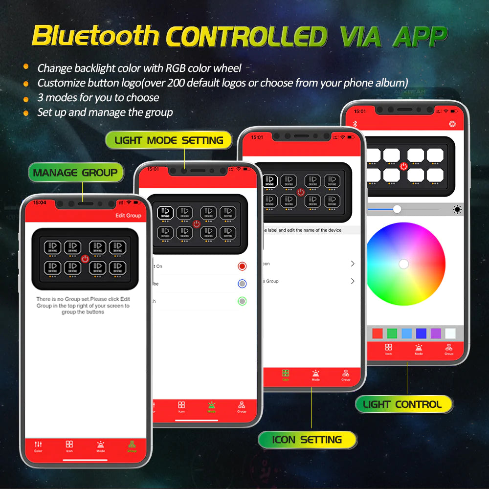Auxbeam 8 Switch Controller with RGB Backlight, Fuse Box, and Bluetooth App (AR-800)