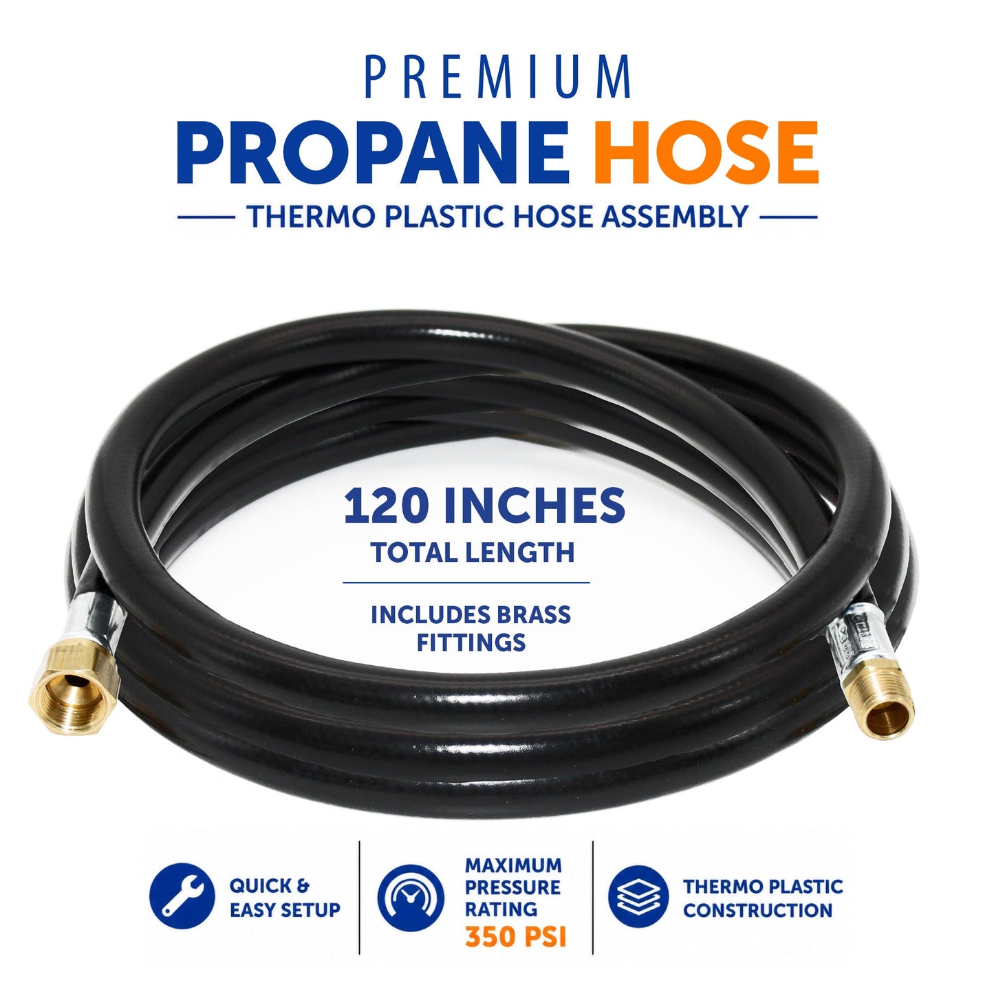 Flame King Connect Regulator to Gas Piping, Propane Thermo Plastic Rubber Hose Assembly, 120-inch, 3/8-inch ID for RVs and Travel Trailers