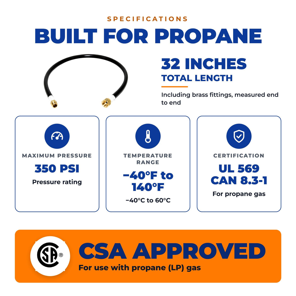 Flame King 32" RV Propane Hose, 1/2" Female Flare x 3/8" MNPT CSA Approved
