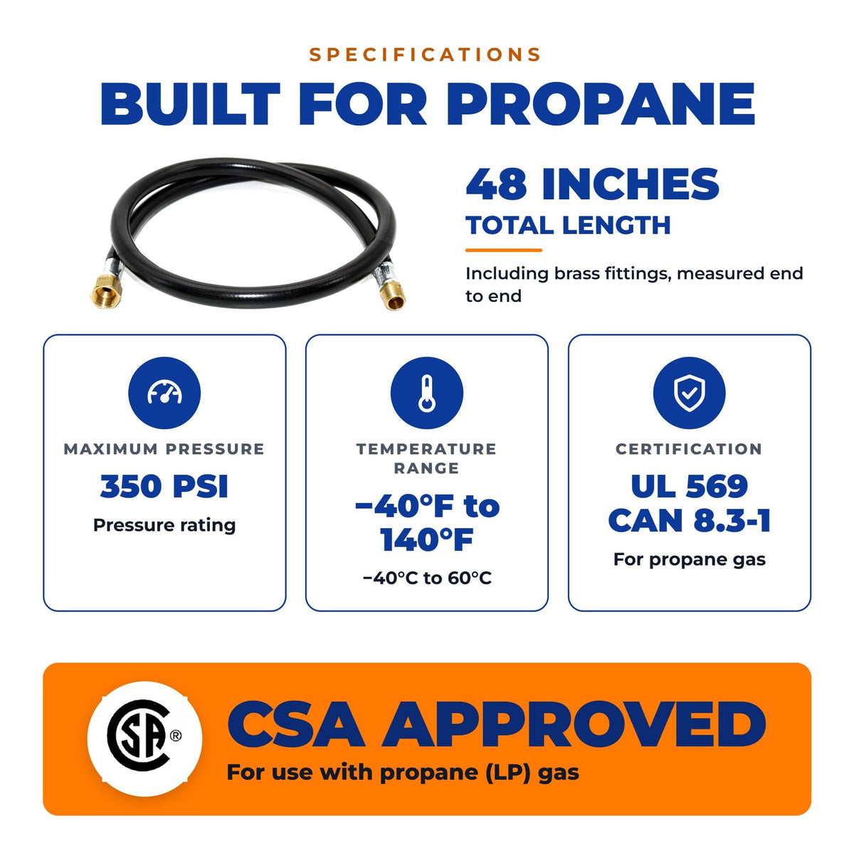 Flame King 48" RV Propane Hose, 1/2" Female Flare x 3/8" MNPT CSA Approved