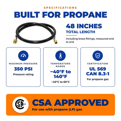 Flame King 48" RV Propane Hose, 1/2" Female Flare x 3/8" MNPT CSA Approved