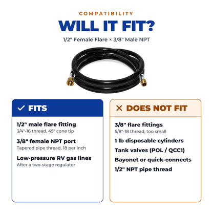 Flame King 120" RV Propane Hose, 1/2" Female Flare x 3/8" MNPT CSA Approved