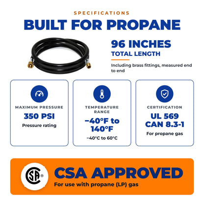 Flame King 96" RV Propane Hose, 1/2" Female Flare x 3/8" MNPT CSA Approved