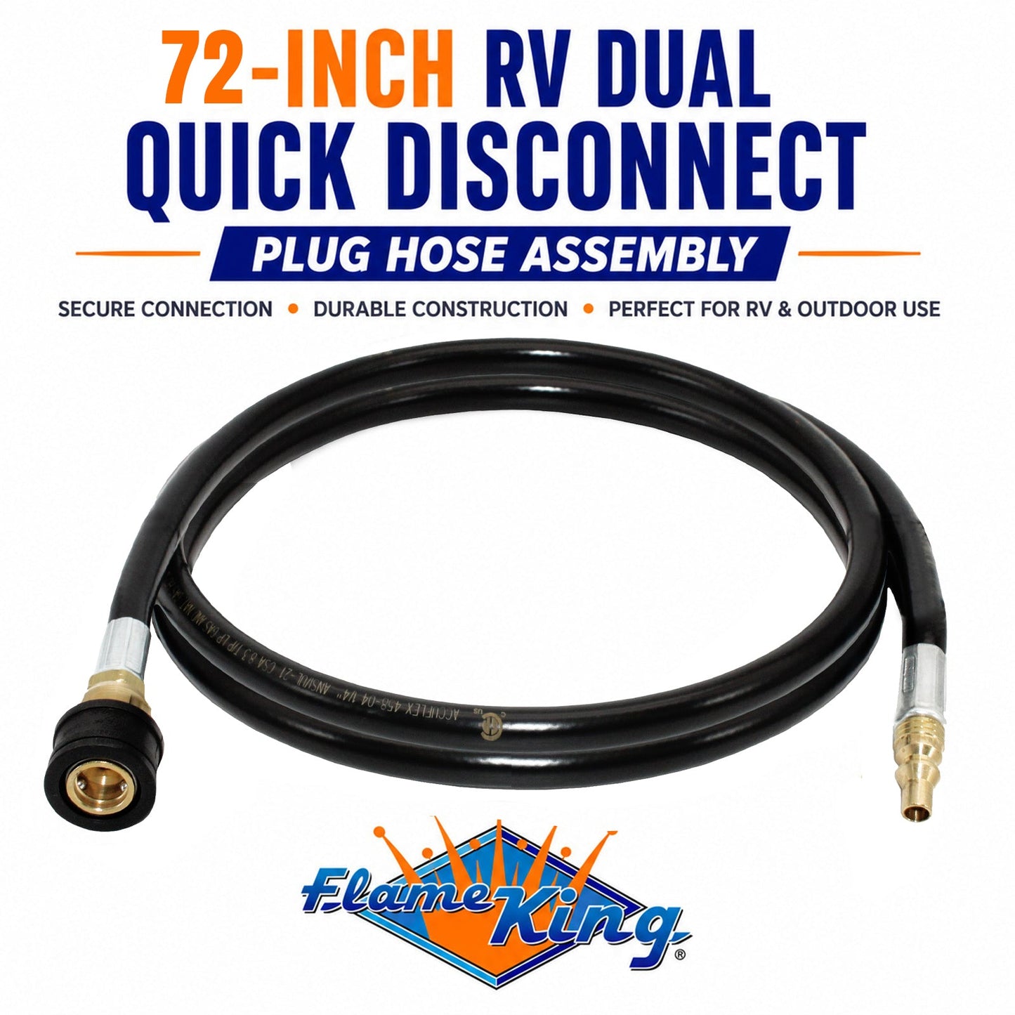 Flame King RV, Van, Trailer, Dual Quick Connect Hose, LP Gas Only, 72 Inch, 1/4 Inch