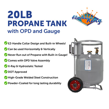 Flame King 20lb Horizontal & Vertical Propane Cylinder Gauge OPD & Wheels