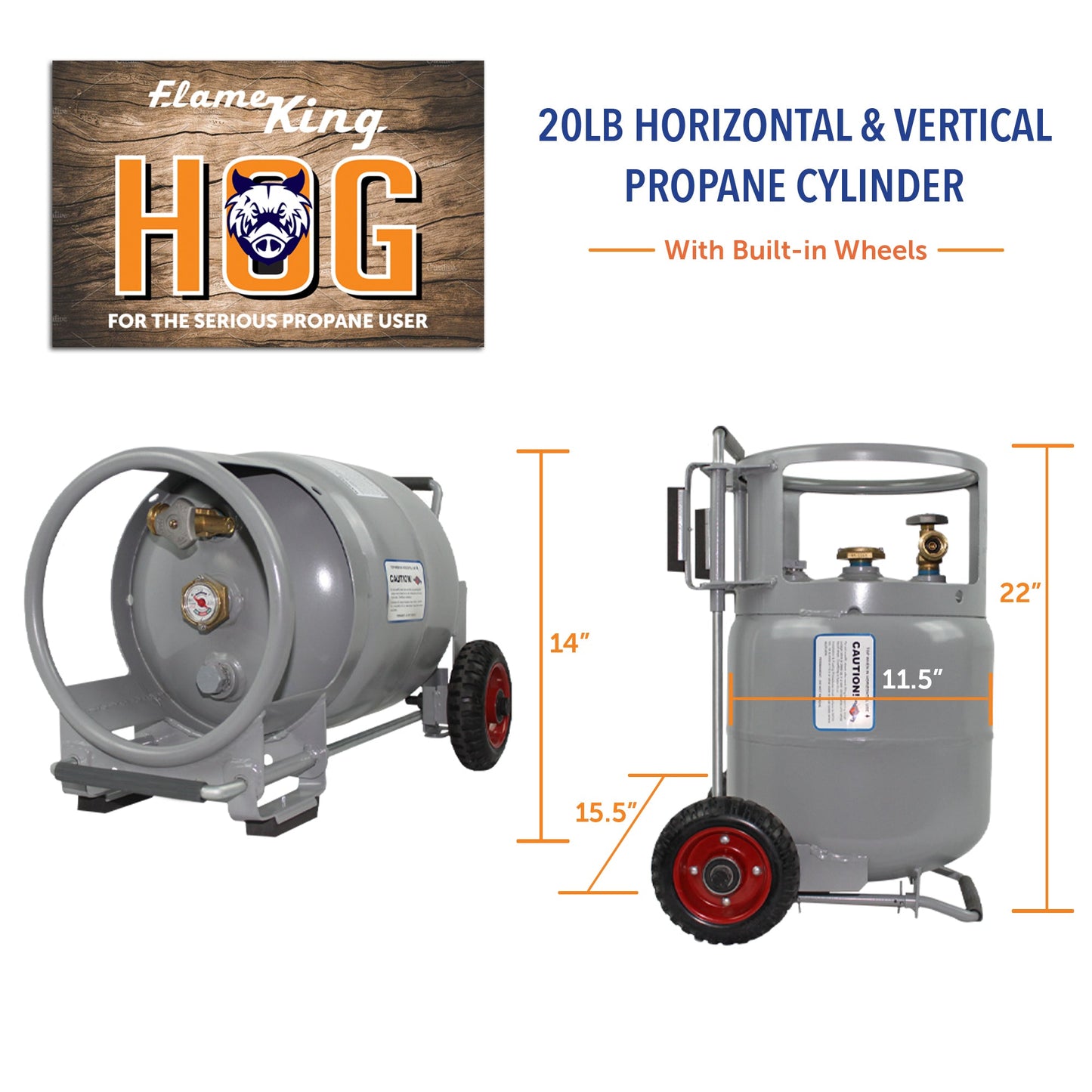 Flame King 20lb Horizontal & Vertical Propane Cylinder Gauge OPD & Wheels