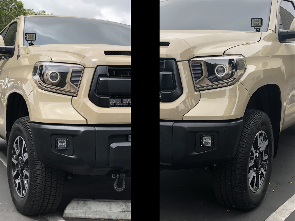 Up-close of Tan Toyota Tundra LED Fog Light Pods/Brackets Installed - Cali Raised LED